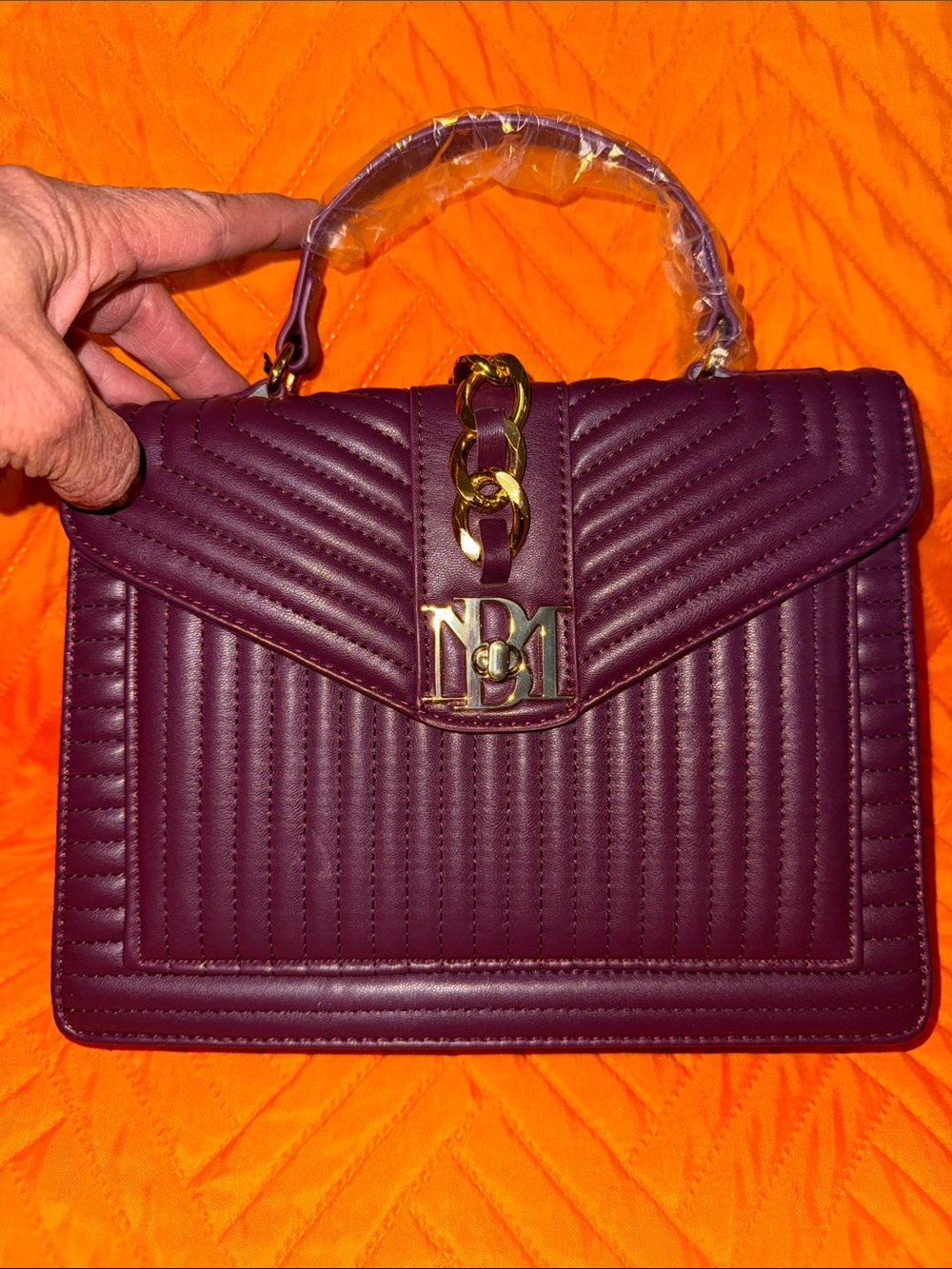 Badgley Mischka Quilted Top-Handle Satchel in Burgundy with Gold Hardware